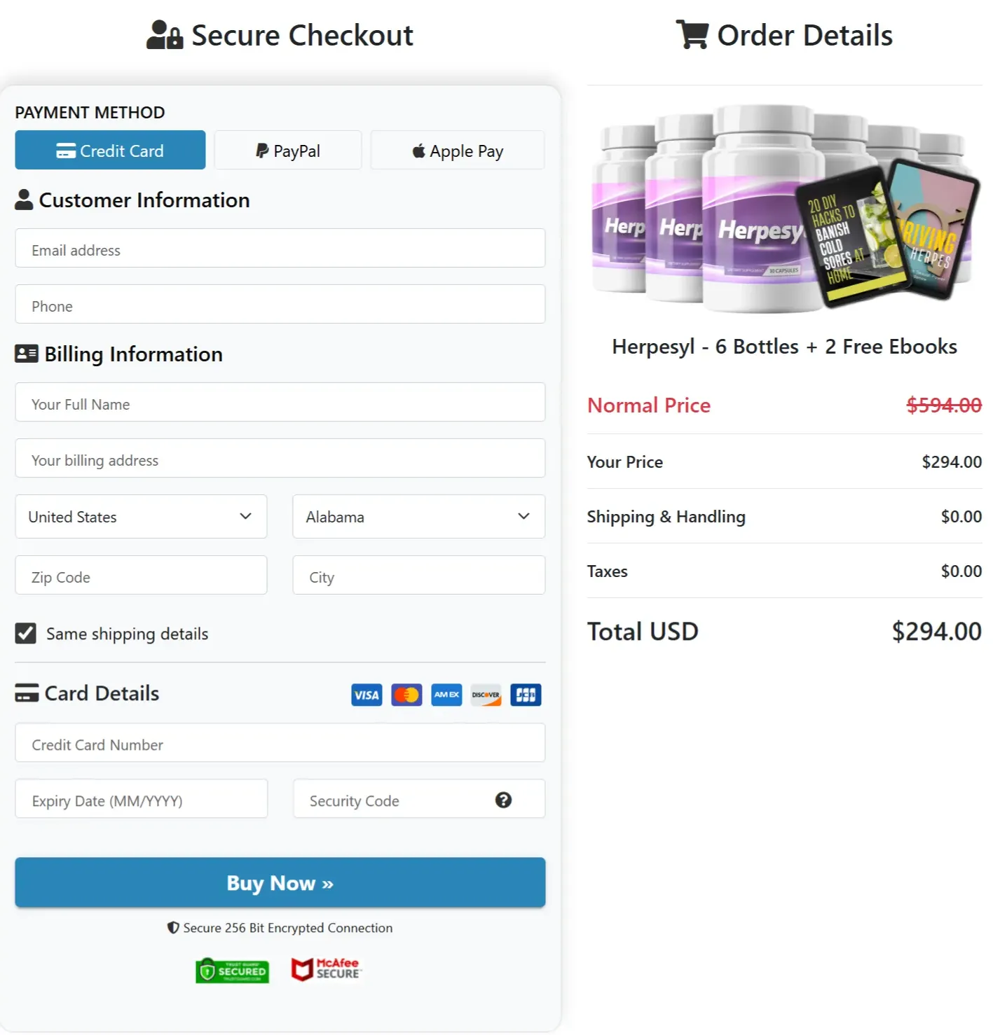 Herpesyl checkout page